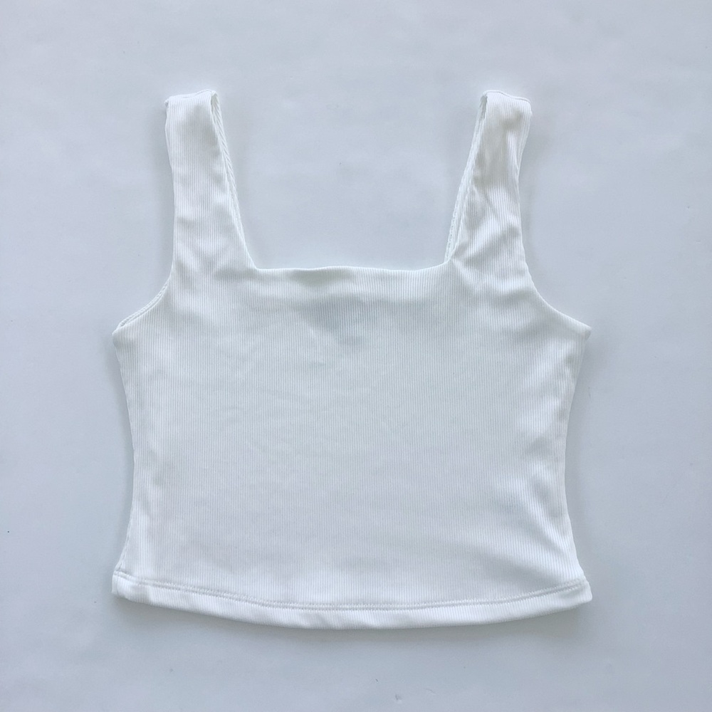 Women's White Ribbed Square-Strap Tank Top